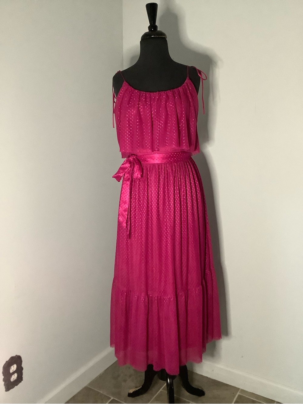 Lulu's Hot Pink Polka Dot Midi Dress with Satin Waist
